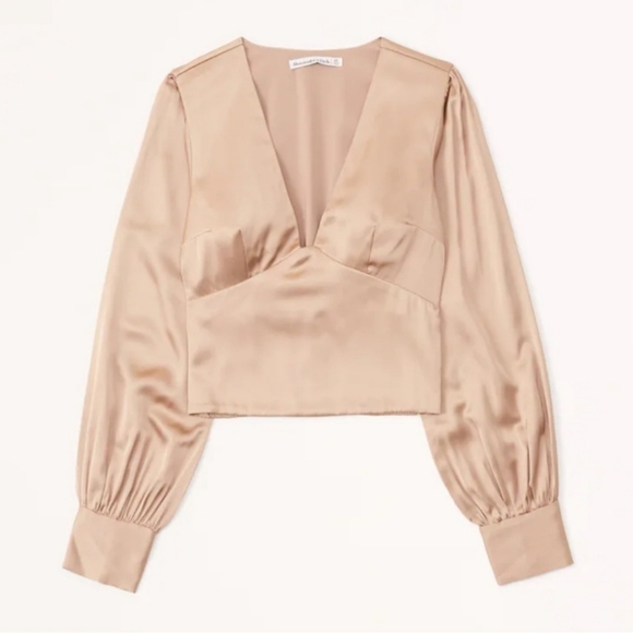 Abercrombie & Fitch Champagne Long Sleeve Satin Puff Sleeve Top NWT - Picture 1 of 9